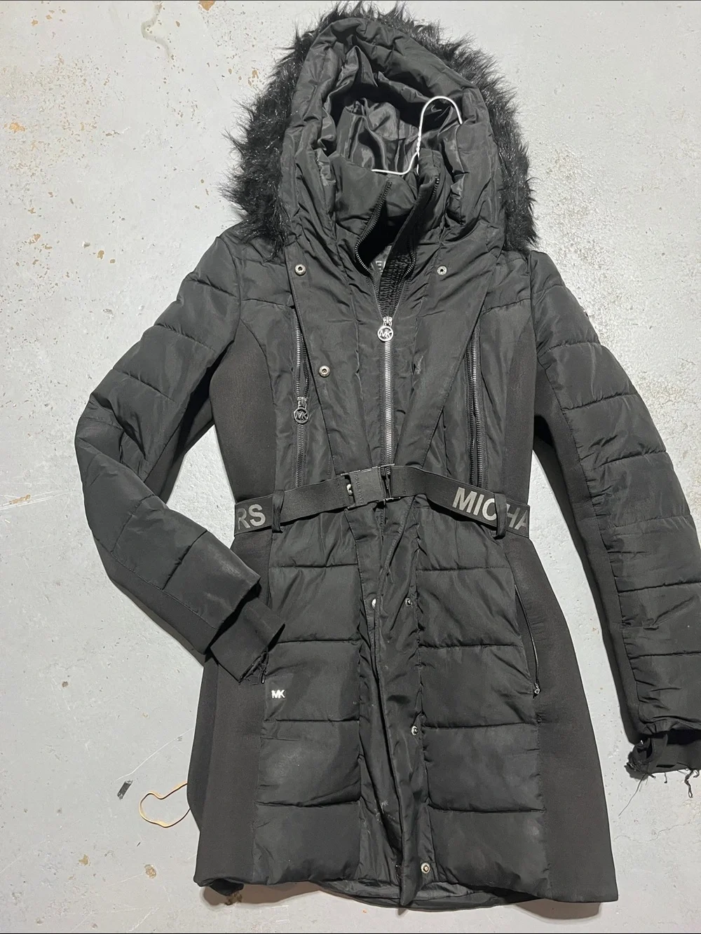 Michael Kors Black Quilted Hooded Belted Puffer Coat M